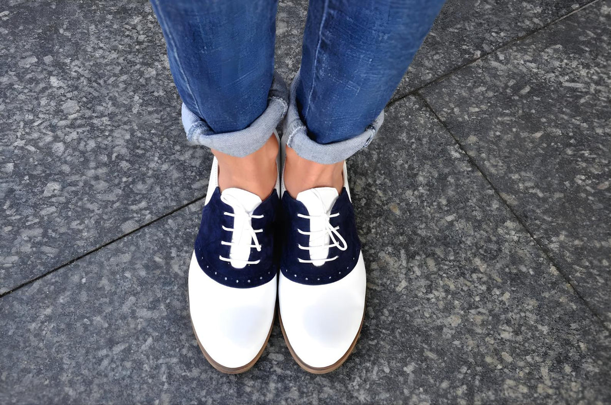 Saddle shoes womens made to your measurement handmade white leather navy suede Oxford lace ups | vintage shoes, gift for her