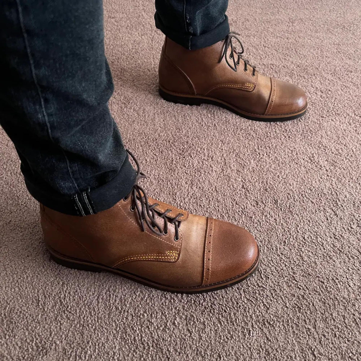 Cap toe mens boots custom made work boots handmade brown leather lace up ankle boots | heritage work boots, gift for him
