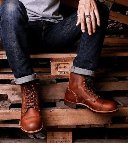 Handmade Brown Leather Cap Toe Boots: Goodyear Welt, Vintage Style, made to your measurement