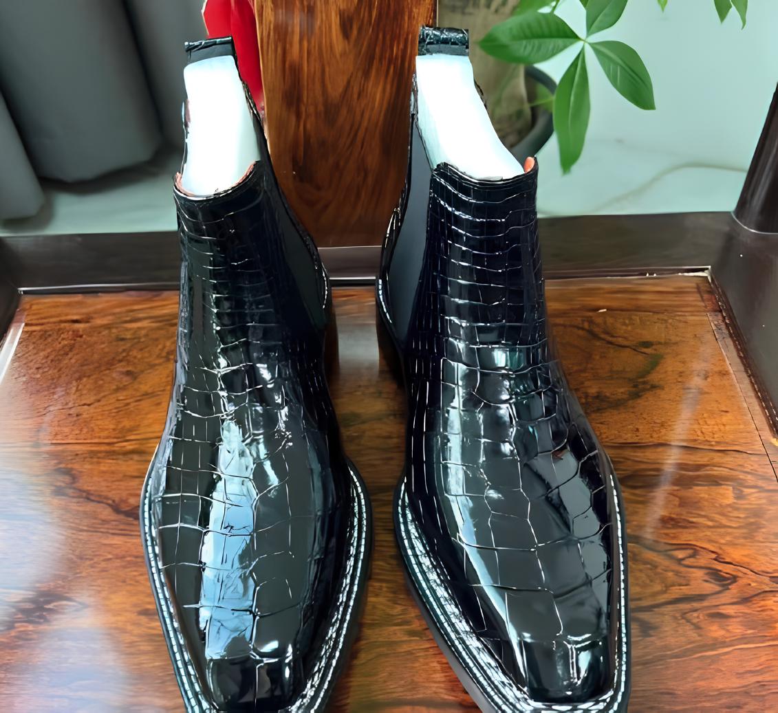 Handmade Men's Black Crocodile Embossed Chelsea Boots: Slip-On Ankle Boots | Luxury Formal Footwear
