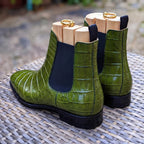 Handmade Men's Green Crocodile Embossed Chelsea Boots: Slip On Ankle Boots | Olive Formal footwear