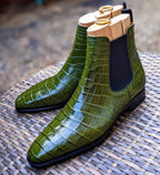 Handmade Men's Green Crocodile Embossed Chelsea Boots: Slip On Ankle Boots | Olive Formal footwear