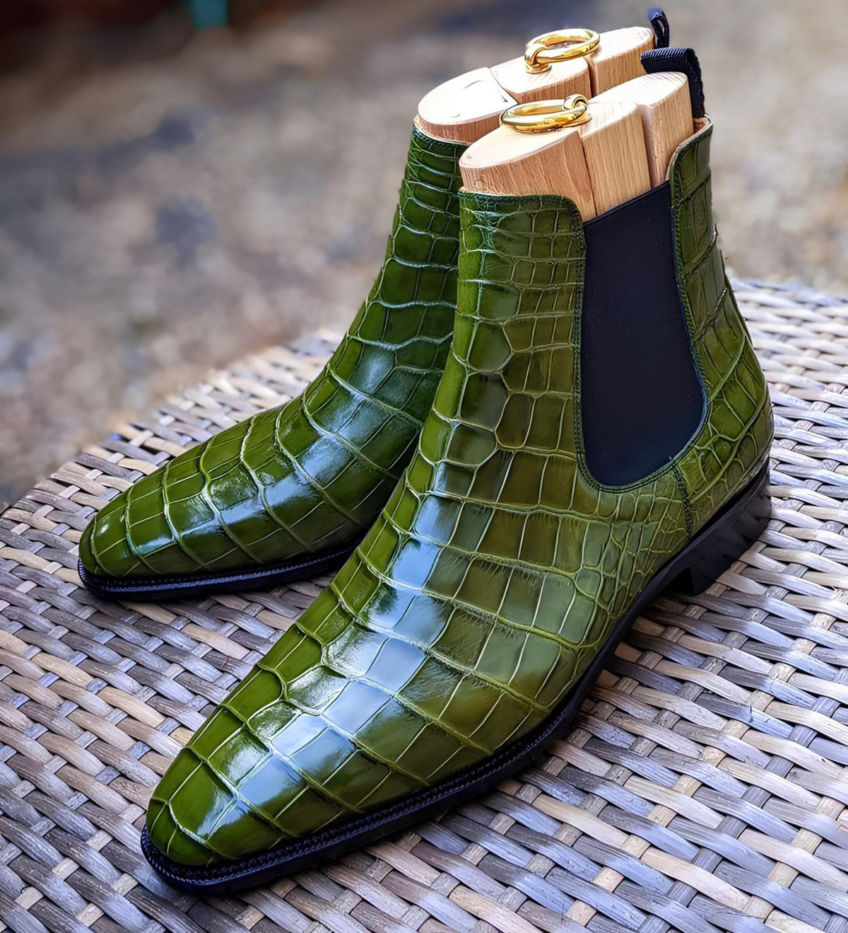 Handmade Men's Green Crocodile Embossed Chelsea Boots: Slip On Ankle Boots | Olive Formal footwear