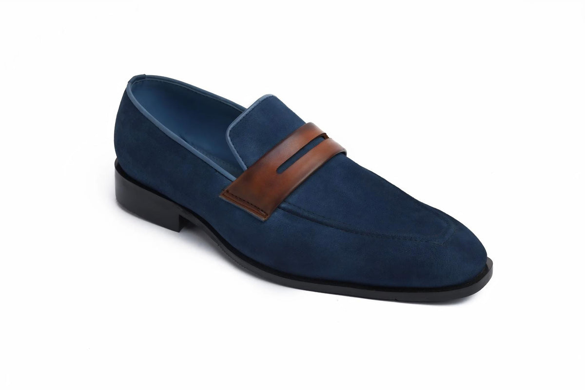 Handmade Men's Navy Suede Penny Loafers: leather loafers Slip-On Dress Shoes | Classic Formal Footwear