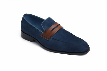 Handmade Men's Navy Suede Penny Loafers: leather loafers Slip-On Dress Shoes | Classic Formal Footwear