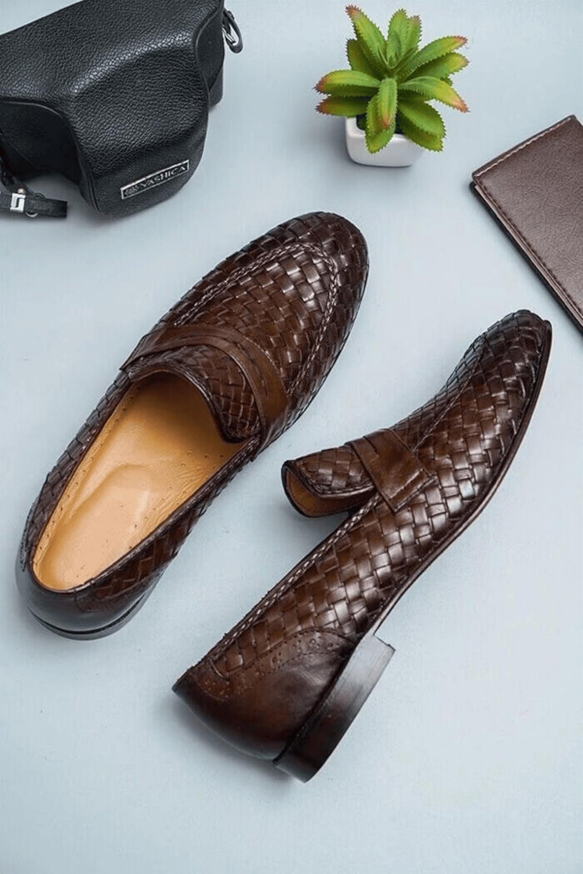 Handmade Slip On shoes Woven Leather Loafers Brown mens Dress Shoes Italian Style mens leather shoes, Wedding Luxury Footwear