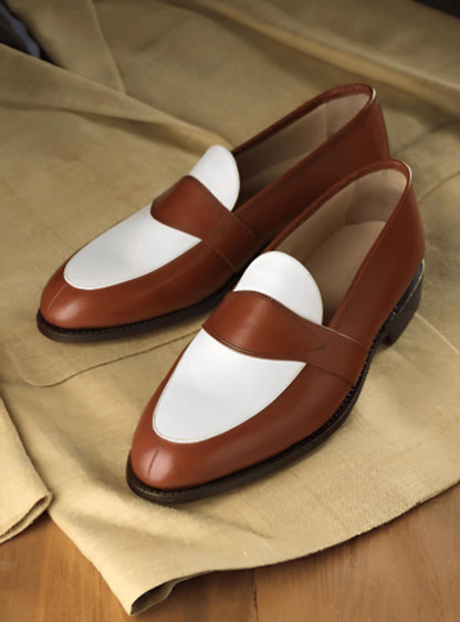 handmade white and brown leather loafers | slip on shoes for mens | Two tone penny loafers  wedding shoes