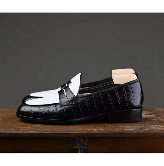 Handmade alligator leather loafers: Two tone White and black Slip On penny loafers, mens shoes