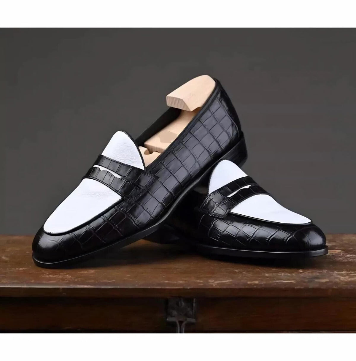 Handmade alligator leather loafers: Two tone White and black Slip On penny loafers, mens shoes