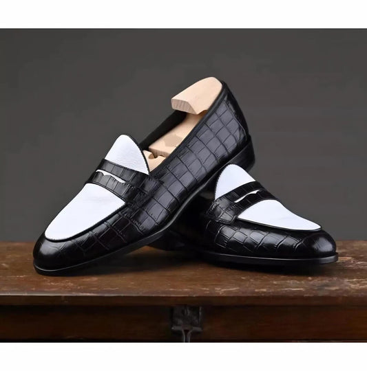 Handmade alligator leather loafers: Two tone White and black Slip On penny loafers, mens shoes