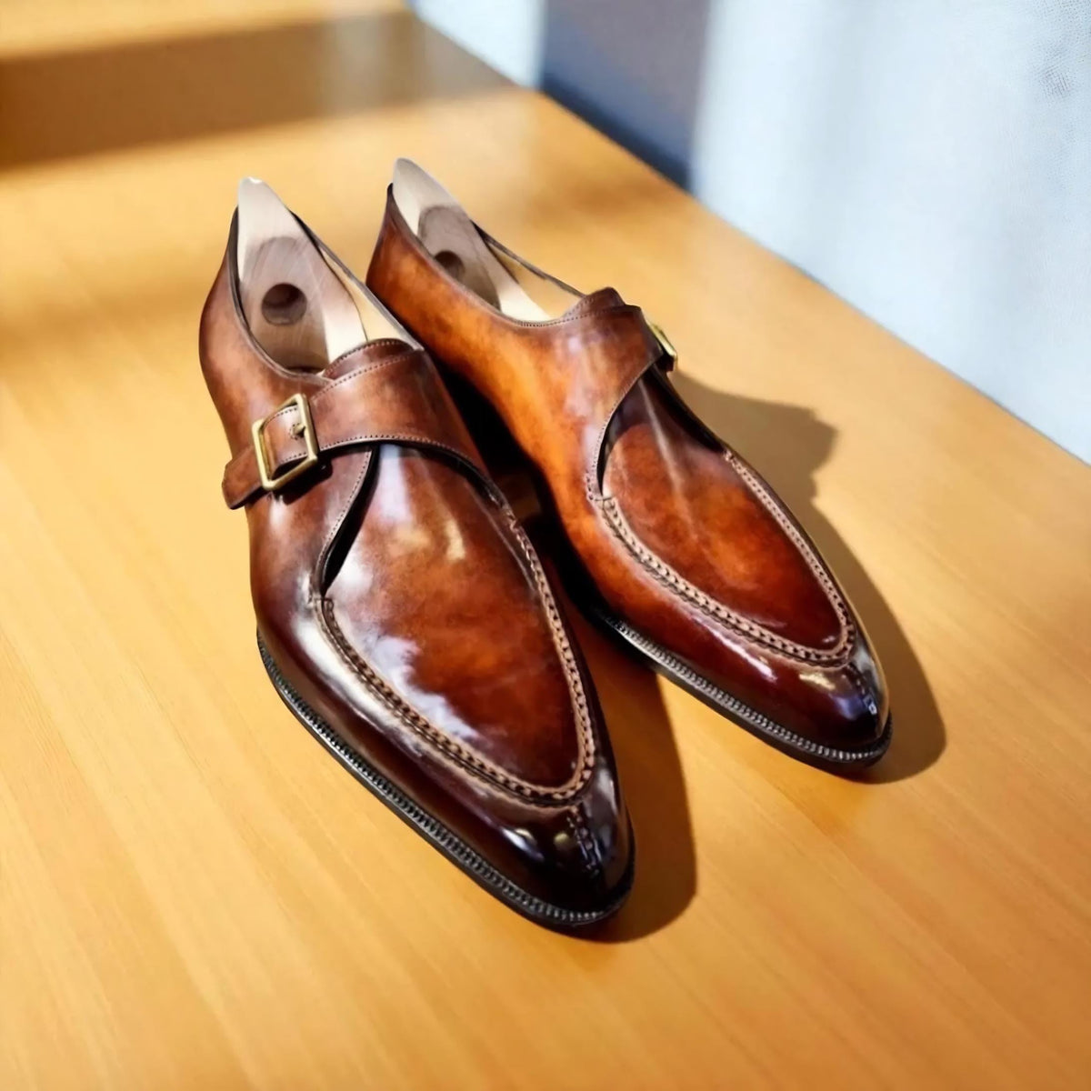Handmade single monk leather shoes: Brown oxfords mens shoes custom made formal footwear