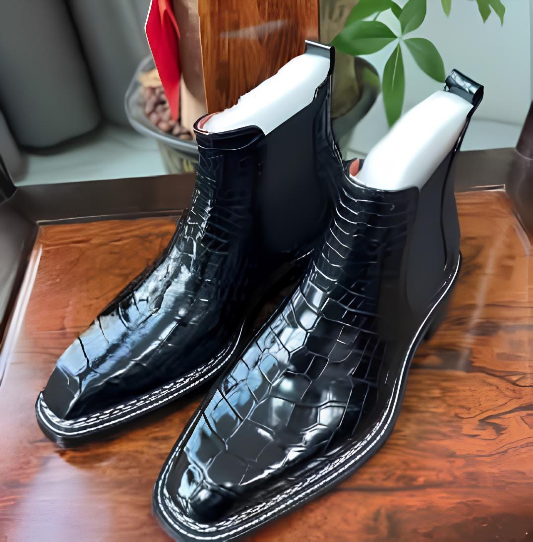 Handmade Men's Black Crocodile Embossed Chelsea Boots: Slip-On Ankle Boots | Luxury Formal Footwear