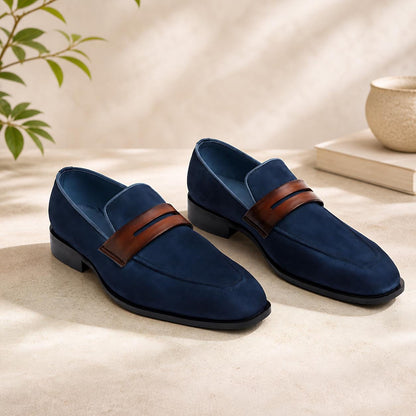 Handmade Men's Navy Suede Penny Loafers: leather loafers Slip-On Dress Shoes | Classic Formal Footwear