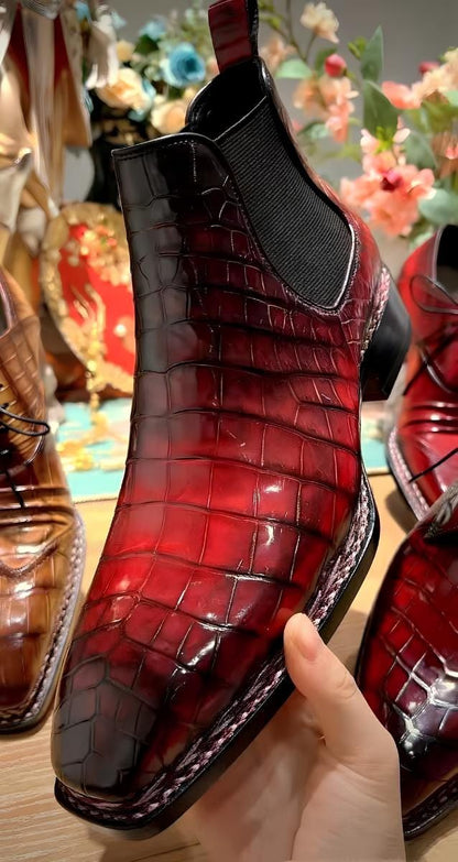 Handmade alligator boots Men's Red Crocodile Embossed Chelsea Boots: Oxblood Slip On Ankle Boots