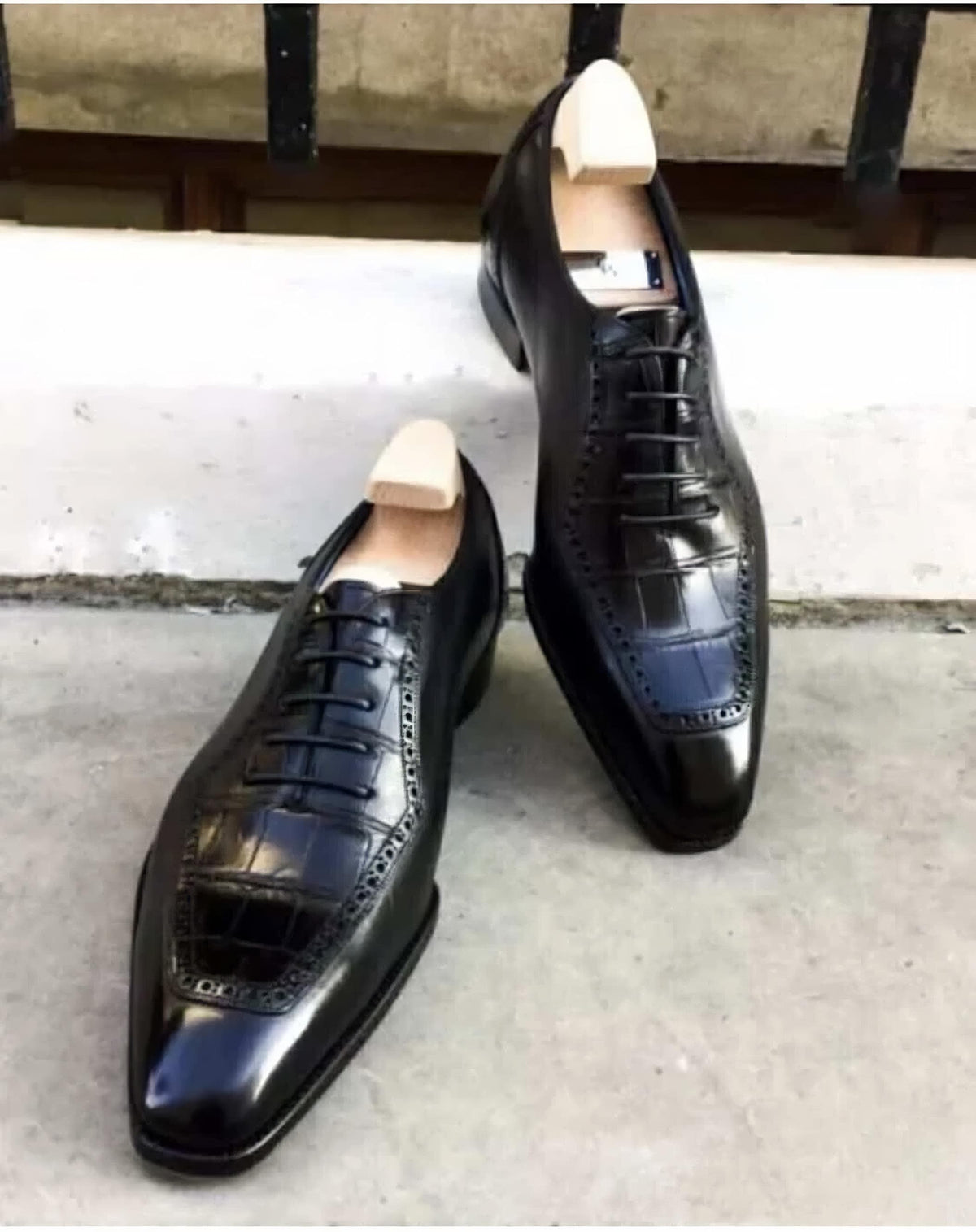Handmade Black Oxford Shoes | Crocodile Pattern Leather Dress Shoes | Luxury Mens Formal Shoes | Italian Style Wedding Shoes