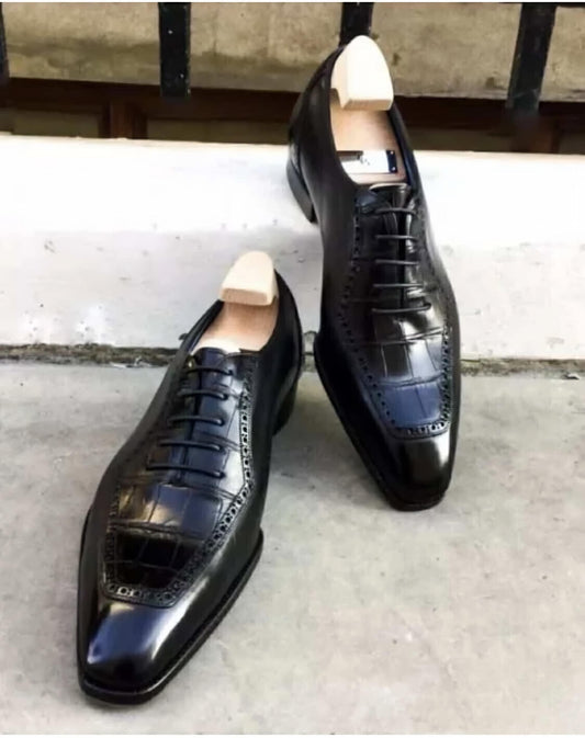 Handmade Black Oxford Shoes | Crocodile Pattern Leather Dress Shoes | Luxury Mens Formal Shoes | Italian Style Wedding Shoes