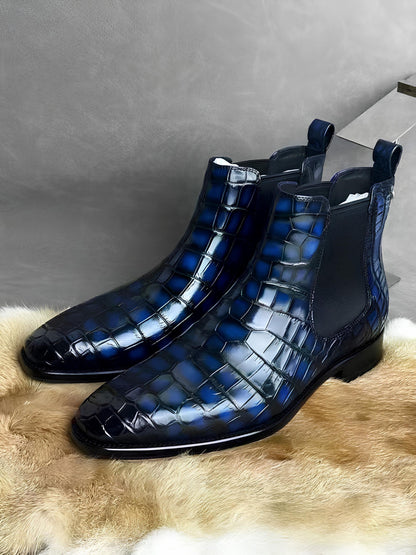 Luxury Handmade Alligator Embossed Chelsea Boots for Men | Hand Burnished Leather Boots | Custom Made Exotic Dress Boots | Slip On Boots
