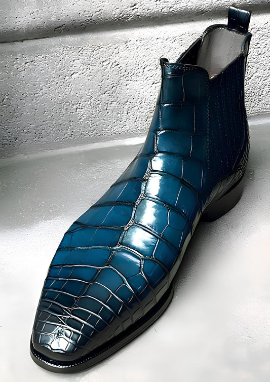 Handmade Blue Alligator Embossed Chelsea Boots – Luxury Custom Leather Exotic Boots for Mens