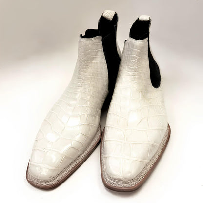 Handmade White Alligator Embossed Chelsea Boots for Men | Luxury Custom Leather Boots | Exotic Style Slip-On Ankle Boots