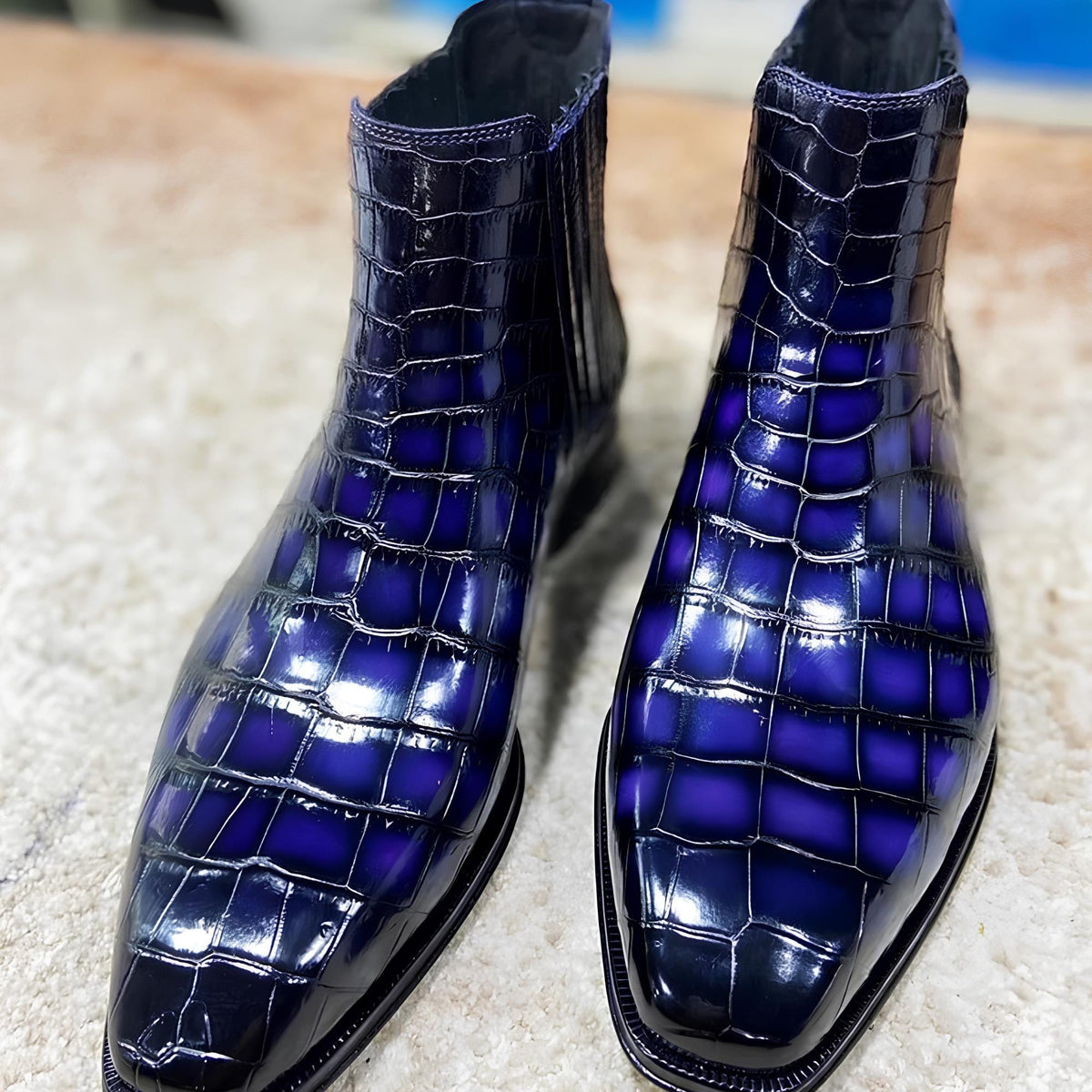 Handmade Blue Crocodile Embossed Chelsea Boots for Men | Leather Ankle Boots | Custom Exotic Boots | Slip Ons mens Boots