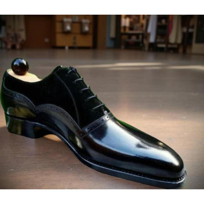 Handmade Mens Black Leather & Suede Whole Cut Oxfords Dress Leather Shoes men wedding footwear