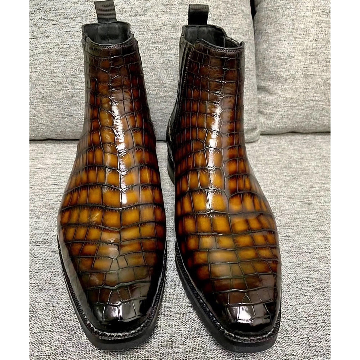 Alligator Boots for Men | Handmade Brown Alligator Embossed Chelsea Boots | custom Leather Dress Boots | Square Toe Ankle Boots