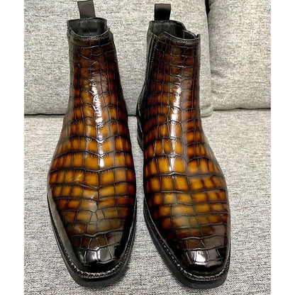 Alligator Boots for Men | Handmade Brown Alligator Embossed Chelsea Boots | custom Leather Dress Boots | Square Toe Ankle Boots