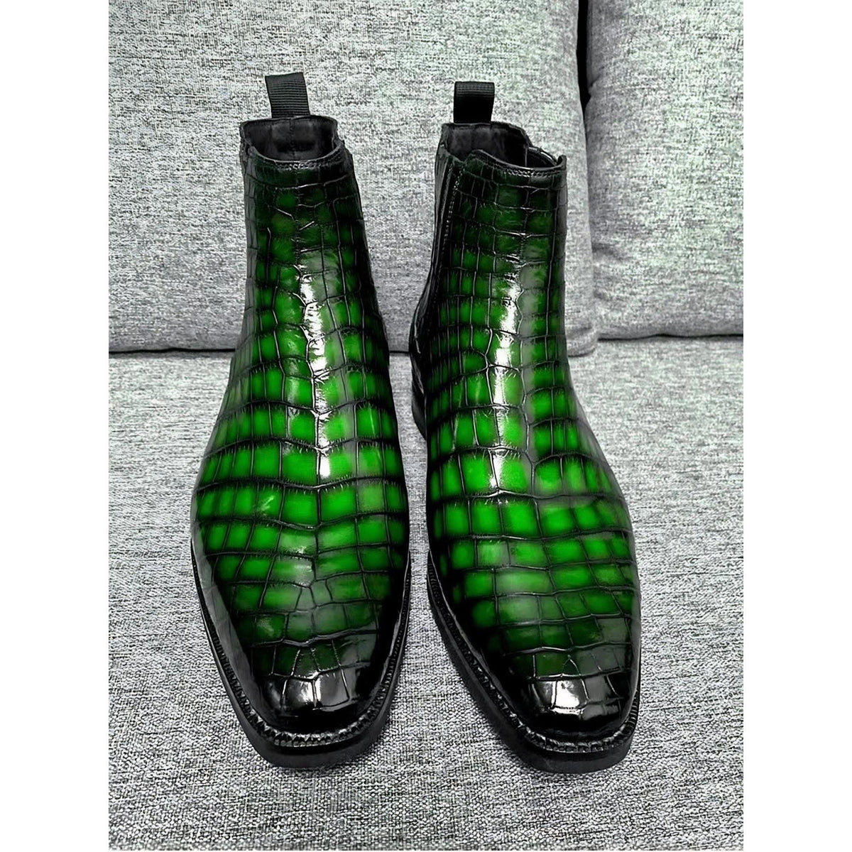 Alligator Boots for Men | Handmade Green Alligator Embossed Chelsea Boots | Side Zip Leather Dress Boots | Square Toe Ankle Boots
