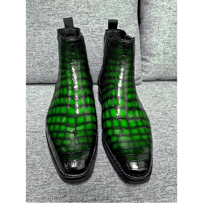 Alligator Boots for Men | Handmade Green Alligator Embossed Chelsea Boots | Side Zip Leather Dress Boots | Square Toe Ankle Boots