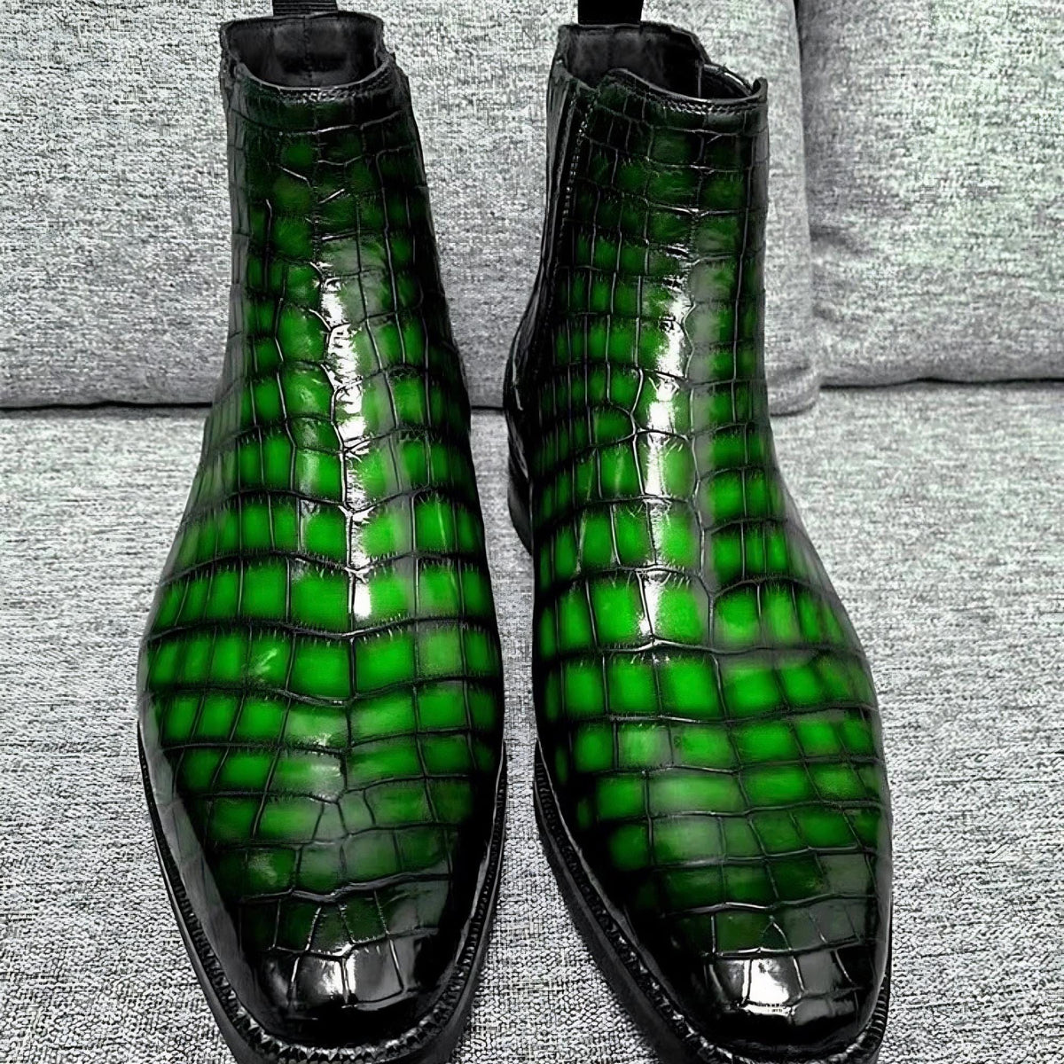 Alligator Boots for Men | Handmade Green Alligator Embossed Chelsea Boots | Side Zip Leather Dress Boots | Square Toe Ankle Boots