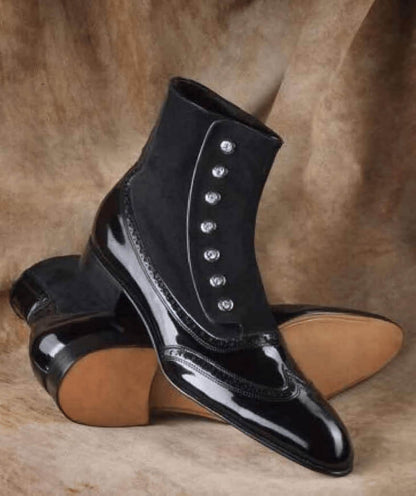 Handmade Genuine Black Patent Leather Boots, Suede Button Ankle Boots for Men, Formal Dress Boots, Wedding Gift for Him