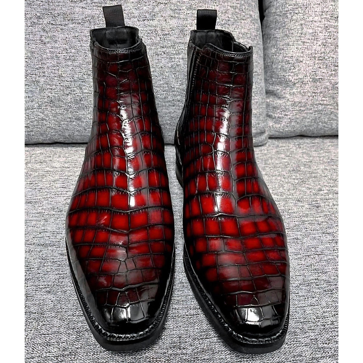 Alligator Boots for Men | Handmade Burgundy Alligator Embossed Chelsea Boots | Side Zip Leather Dress Boots | Square Toe Ankle Boots