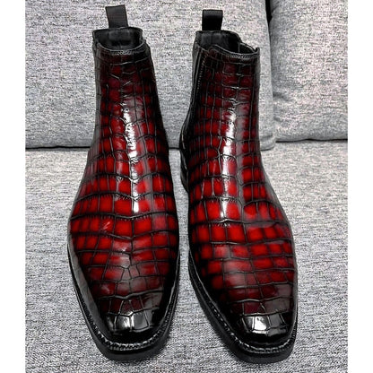Alligator Boots for Men | Handmade Burgundy Alligator Embossed Chelsea Boots | Side Zip Leather Dress Boots | Square Toe Ankle Boots
