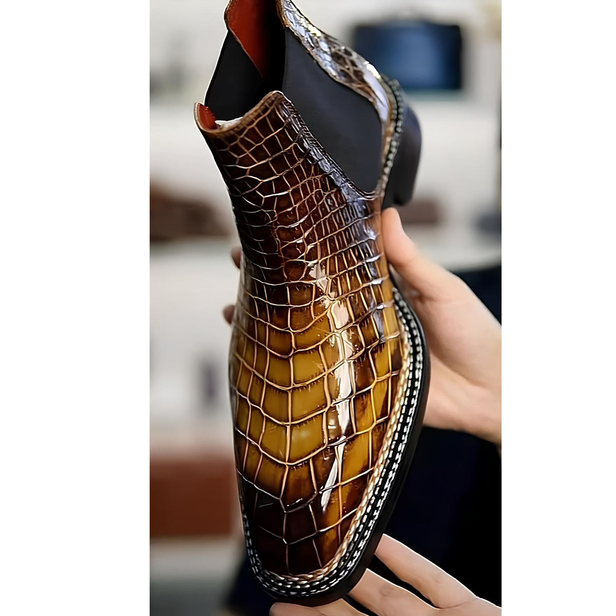Alligator Leather Chelsea Boots Men | Handmade Exotic alligator boots Brown Patina Slip On Ankle Boots