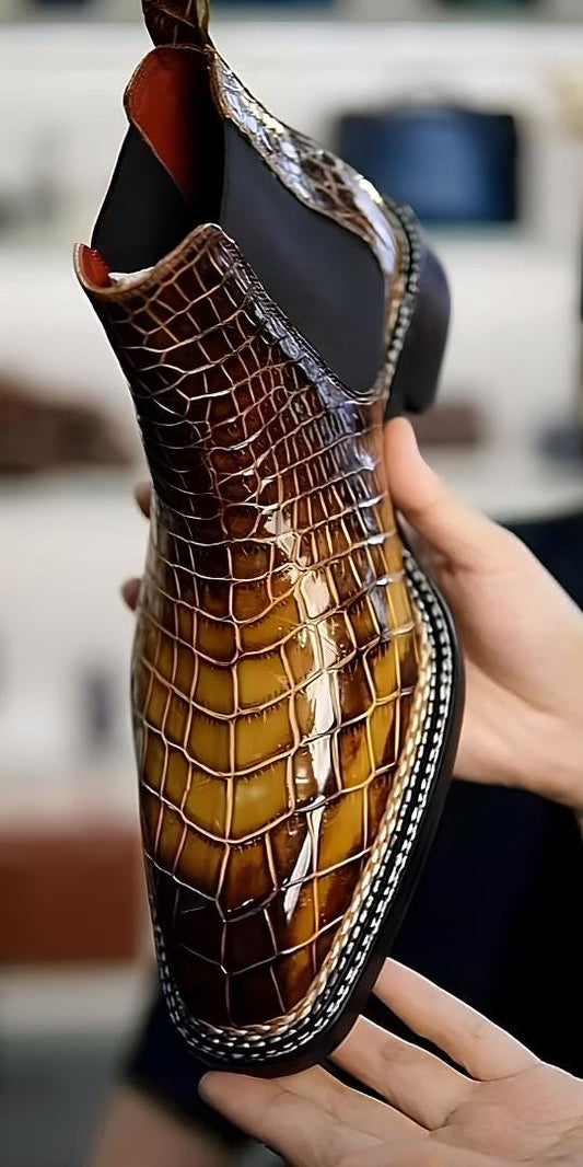 Alligator Leather Chelsea Boots Men | Handmade Exotic alligator boots Brown Patina Slip On Ankle Boots