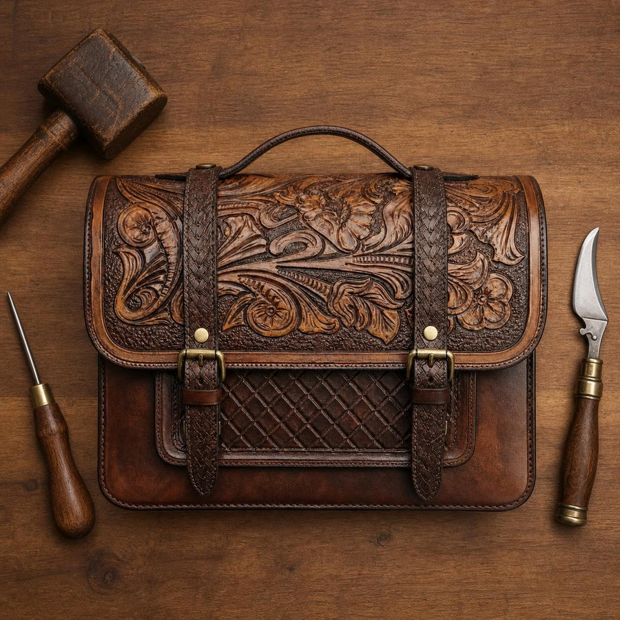 Handmade Carved Leather Laptop Bag Full Grain leather briefcase man and womens: custom bags