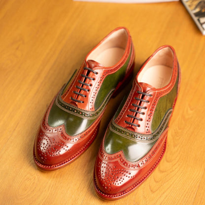 Handmade mens Oxfords Shoes  | Two Tone Wingtip Brogue Leather Shoes | Green Brown Spectator Dress Shoes | Wedding Shoes