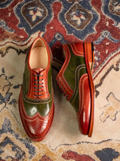 Handmade mens Oxfords Shoes  | Two Tone Wingtip Brogue Leather Shoes | Green Brown Spectator Dress Shoes | Wedding Shoes