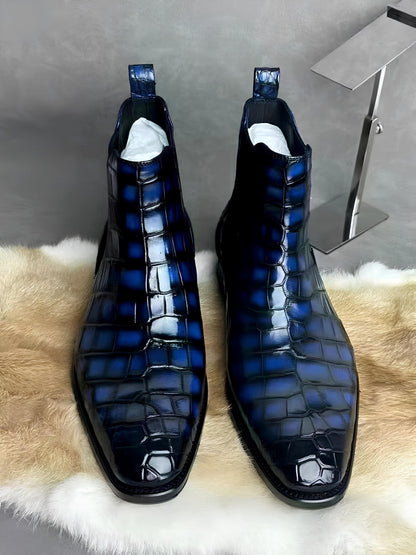 Luxury Handmade Alligator Embossed Chelsea Boots for Men | Hand Burnished Leather Boots | Custom Made Exotic Dress Boots | Slip On Boots