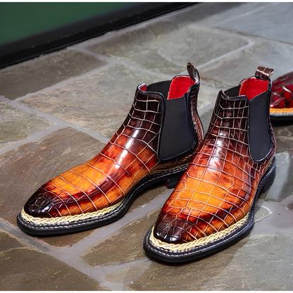 Alligator Embossed Chelsea Boots for Men | Brown Crocodile Pattern Leather Boots | Handmade Slip On Dress Boots