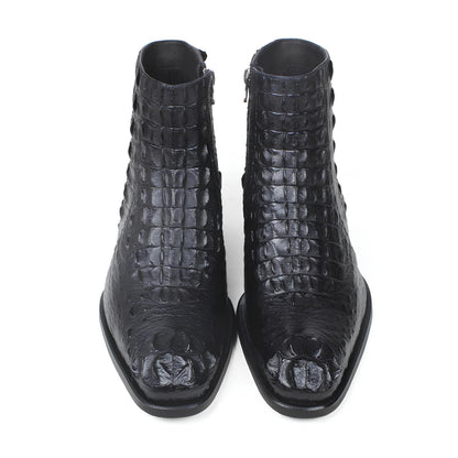 Handmade Black Alligator Embossed Side Zip Boots for Men |  Exotic Leather Ankle Boots | Custom Crocodile Pattern mens Boots
