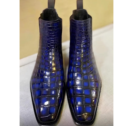 Handmade Blue Crocodile Embossed Chelsea Boots for Men | Leather Ankle Boots | Custom Exotic Boots | Slip Ons mens Boots