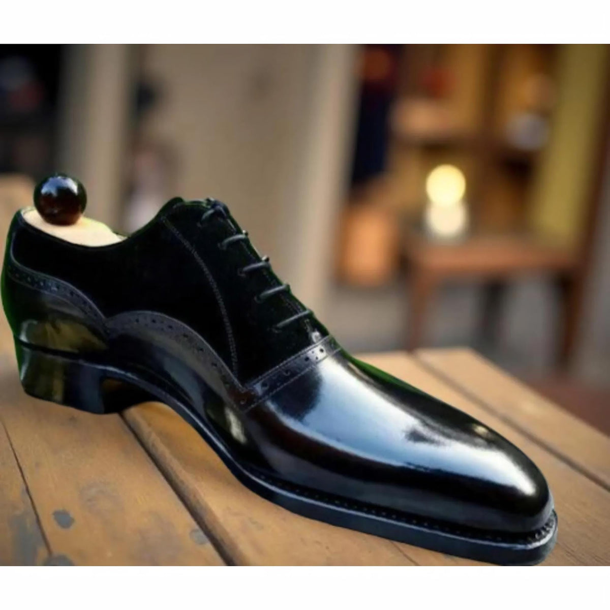 Handmade Mens Black Leather & Suede Whole Cut Oxfords Dress Leather Shoes men wedding footwear