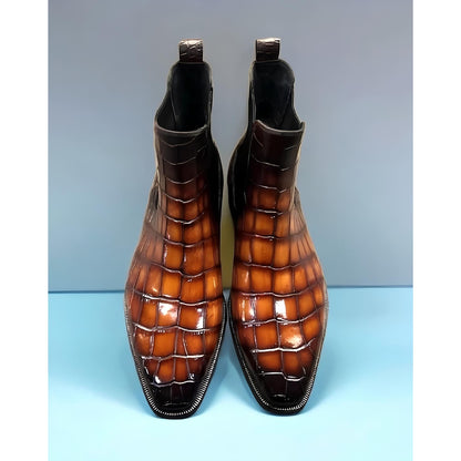 Alligator Boots for Men | Handmade Brown Alligator Embossed Chelsea Boots | Leather Slip On Dress Boots | Square Toe Ankle Boots