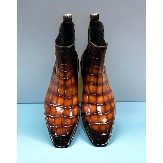 Alligator Boots for Men | Handmade Brown Alligator Embossed Chelsea Boots | Leather Slip On Dress Boots | Square Toe Ankle Boots