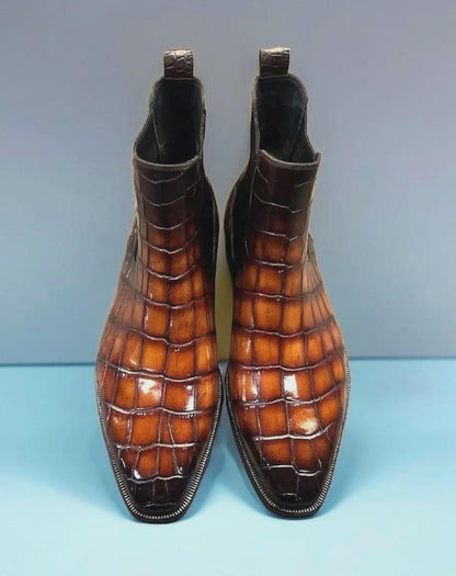 Alligator Boots for Men | Handmade Brown Alligator Embossed Chelsea Boots | Leather Slip On Dress Boots | Square Toe Ankle Boots