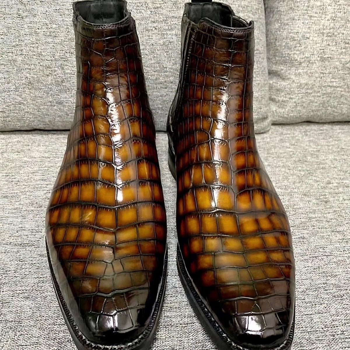 Alligator Boots for Men | Handmade Brown Alligator Embossed Chelsea Boots | custom Leather Dress Boots | Square Toe Ankle Boots