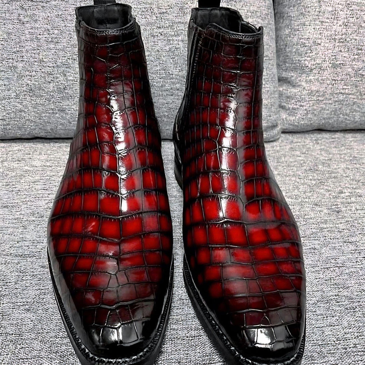 Alligator Boots for Men | Handmade Burgundy Alligator Embossed Chelsea Boots | Side Zip Leather Dress Boots | Square Toe Ankle Boots