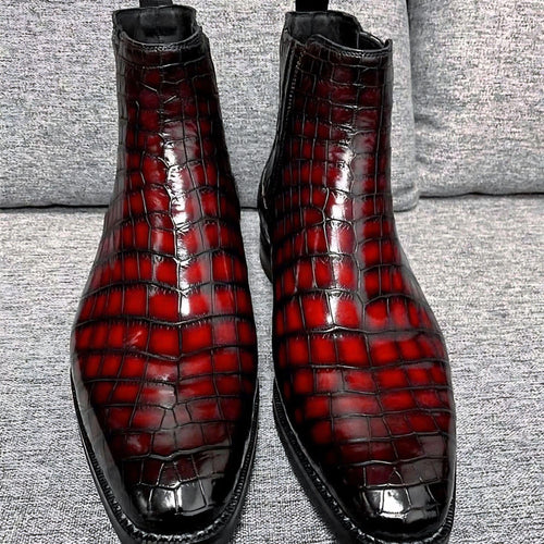 Alligator Boots for Men | Handmade Burgundy Alligator Embossed Chelsea Boots | Side Zip Leather Dress Boots | Square Toe Ankle Boots