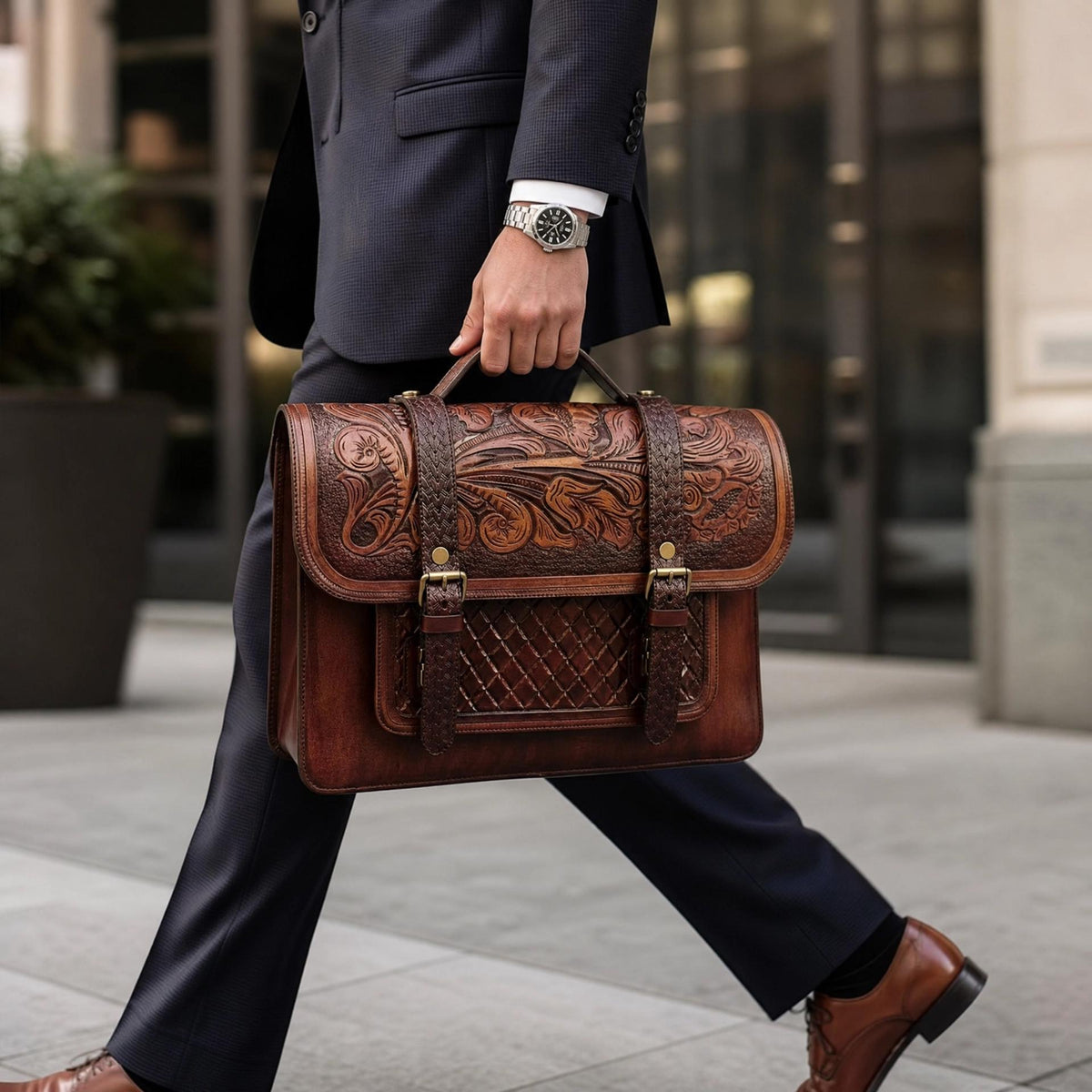 Handmade Carved Leather Laptop Bag Full Grain leather briefcase man and womens: custom bags